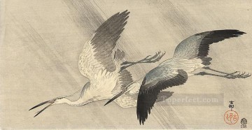 日本 Painting - 飛翔する二羽のサギ 大原古邨